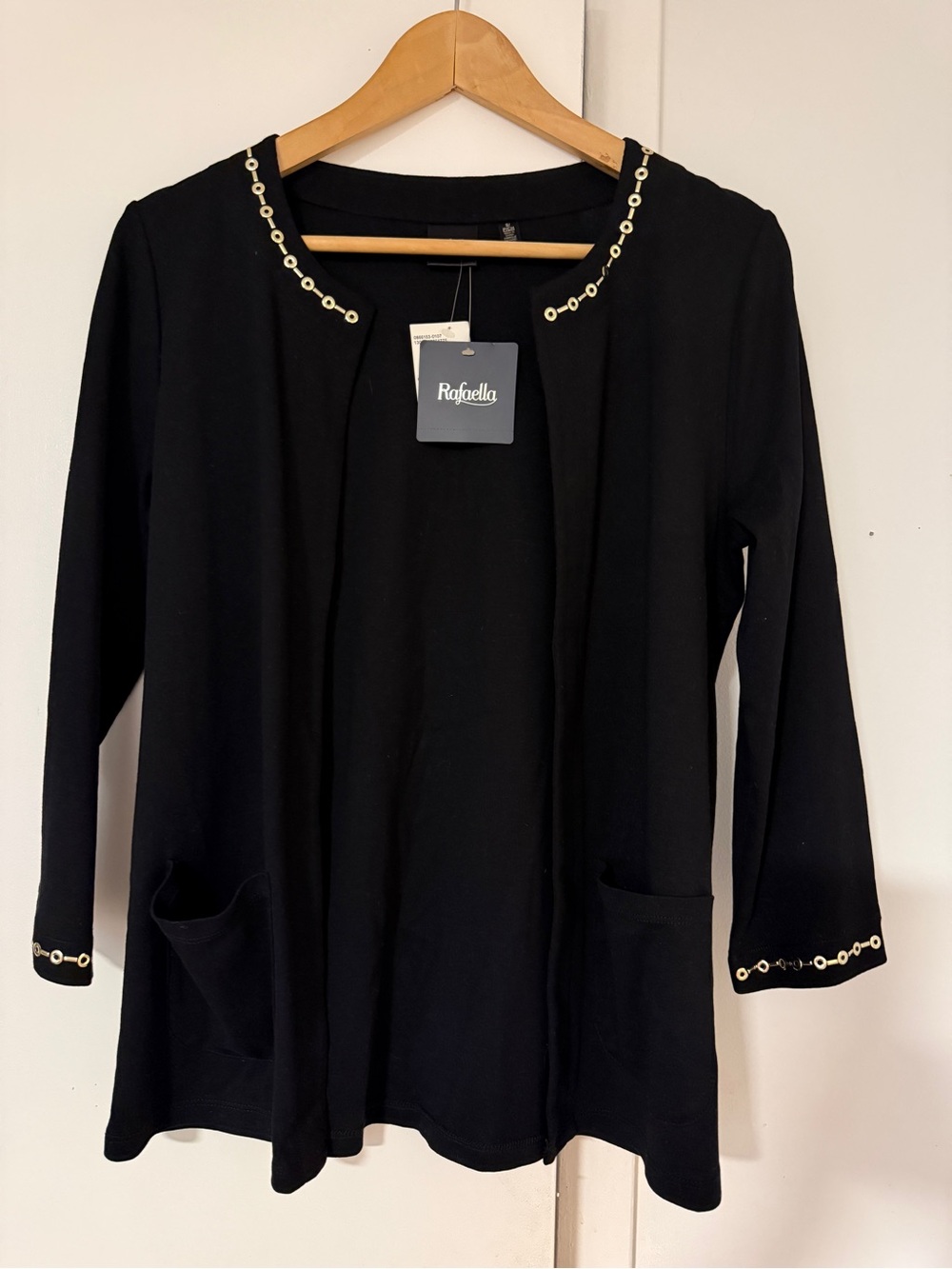 Rafaella Black Open-Front Jacket with Gold Ring Trim